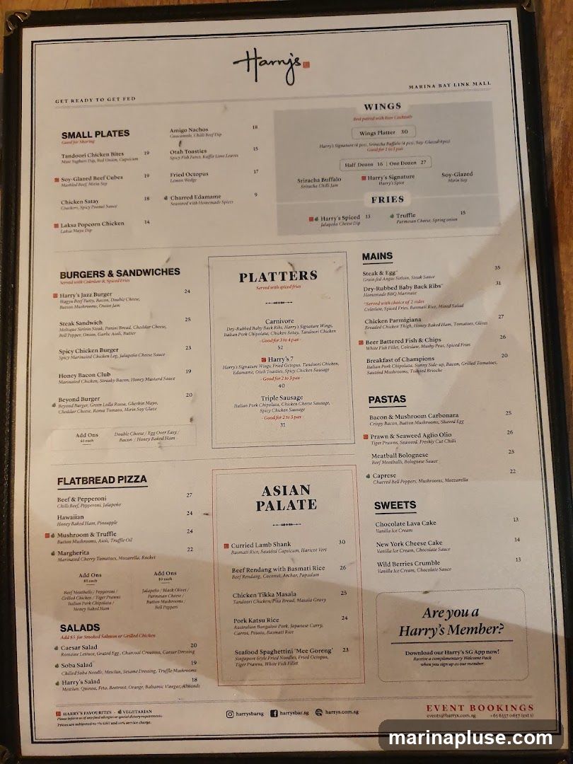 A menu from Harry's restaurant with sections for Small Plates, Burgers & Sandwiches, Flatbread Pizza, Salads, Platters, Asian Palate, Mains, Pastas, and Sweets.