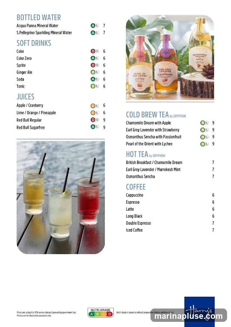 A menu featuring bottled water, soft drinks, juices, cold brew tea, hot tea, and coffee.