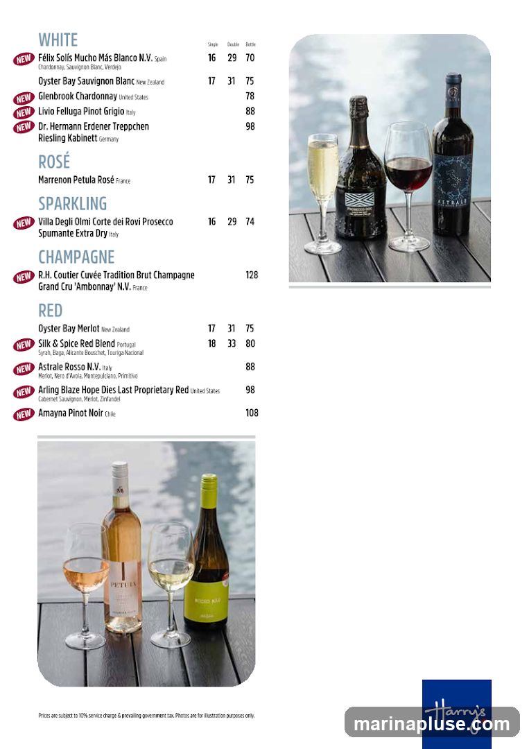 A wine list featuring white, rosé, sparkling, champagne, and red wines with single, double, and bottle prices. Includes photos of wine bottles and glasses.