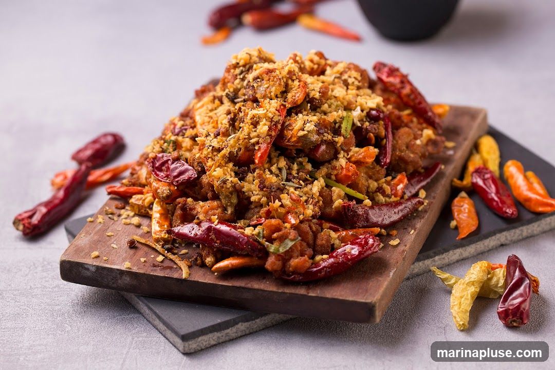 A close-up shot of a pile of crispy fried food, possibly chicken or seafood, generously seasoned with spices and mixed with numerous dried red chilies. The dish is served on a wooden board, which is placed on a dark slate. Several dried chilies are scattered around the board, some red, some orange, and some yellow. The background is a plain, light gray surface.