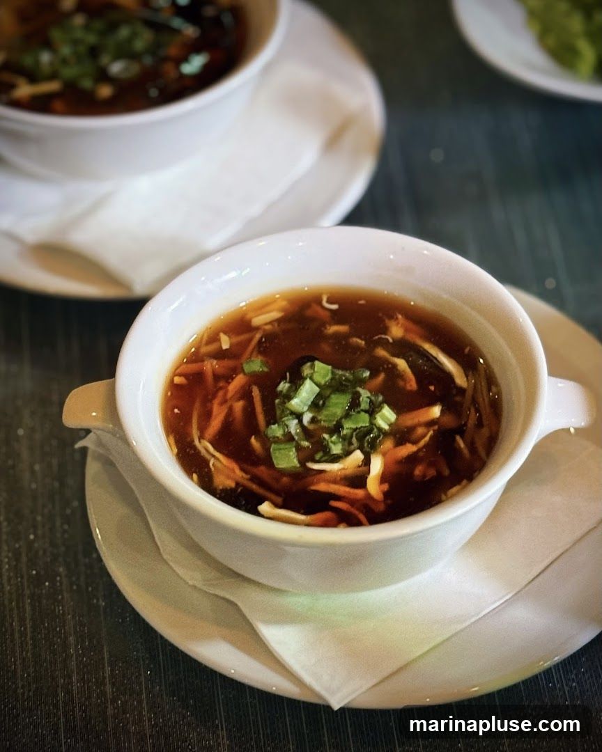 A close-up shot of a bowl of hot and sour soup, garnished with chopped green onions. Another bowl of soup is visible in the background.