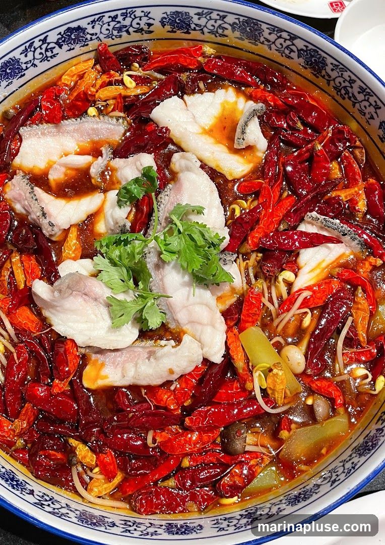 A close-up overhead view of a bowl filled with a spicy fish dish. Slices of white fish are arranged on top of a bed of dried red chilies, bean sprouts, and other vegetables in a rich, reddish-brown broth. A sprig of fresh cilantro garnishes the dish. The bowl has a blue and white patterned rim.