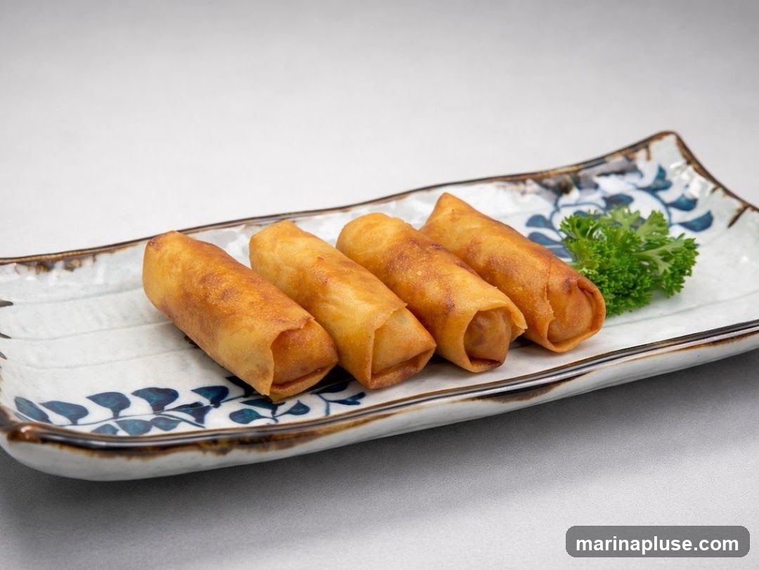 Four golden-brown spring rolls are arranged on a decorative rectangular plate with a blue floral pattern. A sprig of parsley garnishes the side of the plate.