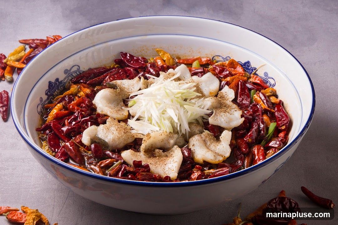 A close-up shot of a bowl filled with a spicy fish dish. Slices of white fish are arranged on top of a bed of numerous dried red chilies and other spices. A small pile of shredded white vegetables, likely scallions or cabbage, is placed in the center of the dish. The bowl has a decorative blue and white pattern along its rim. Several dried chilies are scattered around the base of the bowl on a grey surface.