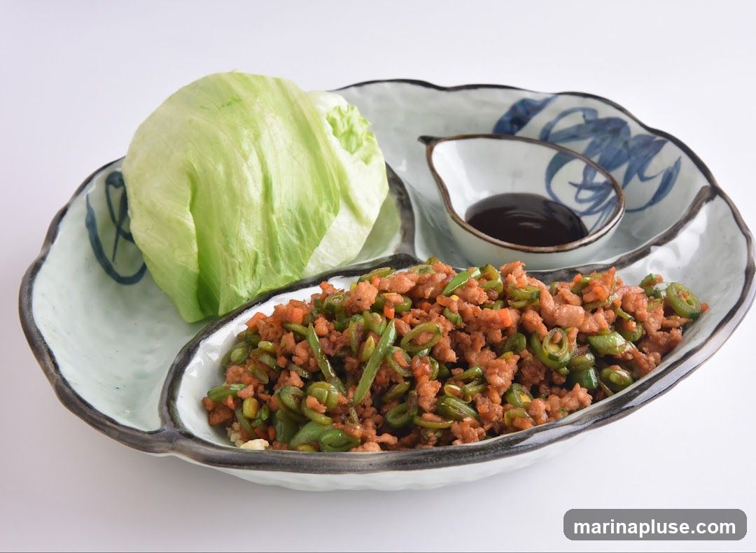A serving of minced meat stir-fried with green beans and carrots, served with a head of iceberg lettuce and a small dish of dark sauce. The dish is presented on a decorative, segmented plate with blue floral accents.