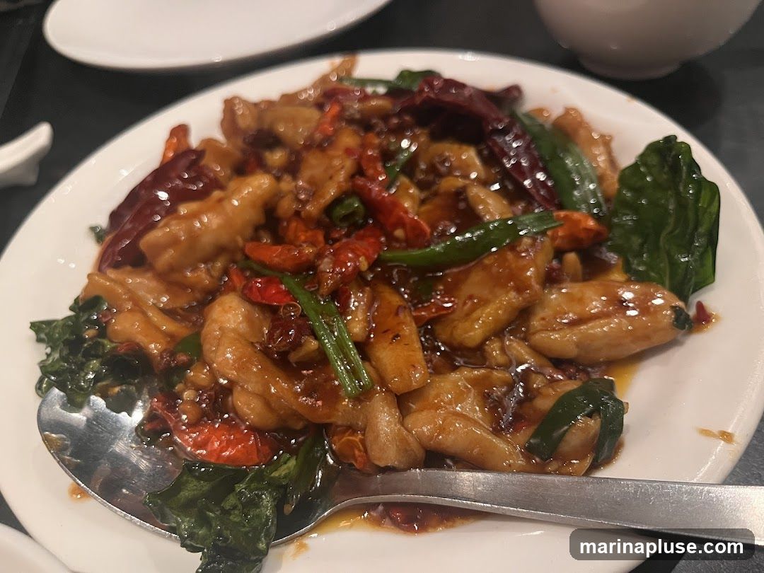 A close-up shot of a plate of stir-fried chicken with dried chilies and green vegetables. The chicken pieces are coated in a glossy, dark sauce. A spoon rests on the side of the plate.