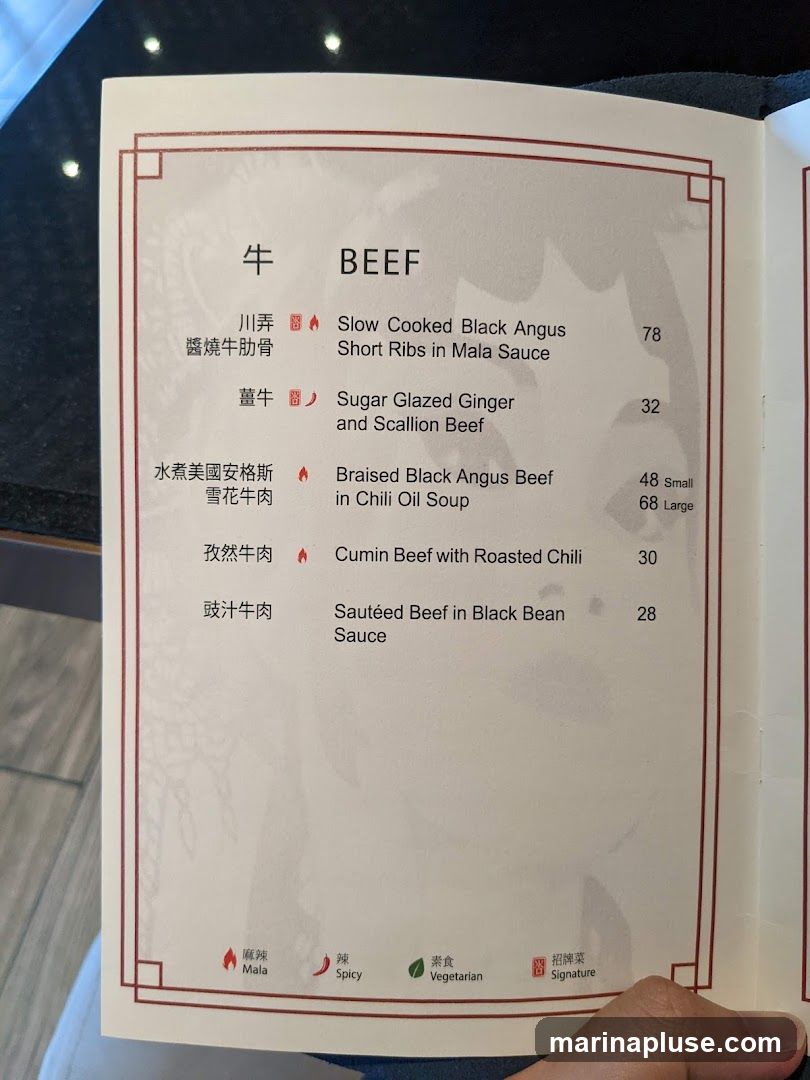 A menu page with various beef dishes.