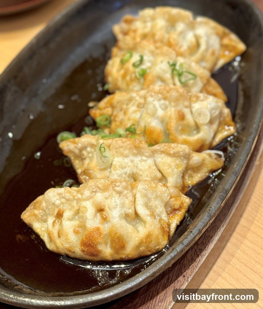 A close-up shot of pan-fried dumplings, also known as gyoza, served on a dark, rectangular plate. The dumplings are golden brown and crispy, with visible pleats along the edges. They are garnished with chopped green onions and sit in a dark sauce. The plate is placed on a wooden surface.