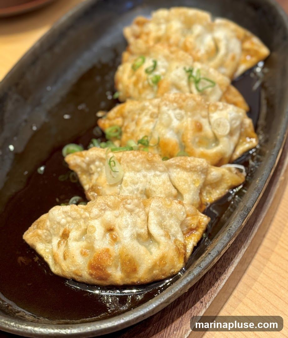 A close-up shot of pan-fried dumplings, also known as gyoza, served on a dark, rectangular plate. The dumplings are golden brown and crispy, with visible pleats along the edges. They are garnished with chopped green onions and sit in a dark sauce. The plate is placed on a wooden surface.