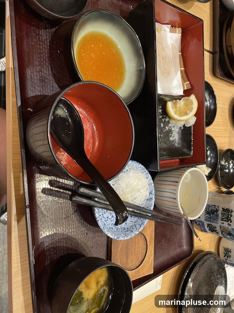 A close-up, overhead view of a table setting with various dishes and utensils, suggesting a meal has recently concluded. A red and black bowl, a small dish with shredded white radish, chopsticks, and a bowl of miso soup are visible. There is also a small plate with a lemon wedge and salt, and a rectangular container with paper napkins and chopsticks. The overall impression is one of a partially cleared dining table.