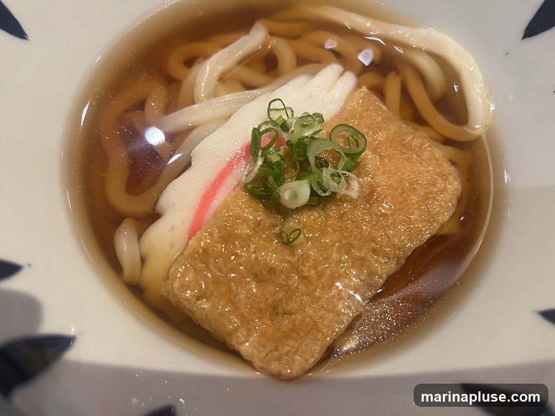 A close-up shot of a bowl of udon soup. The soup contains thick udon noodles, a piece of fried tofu (aburaage), and a slice of kamaboko (fish cake). It is garnished with chopped green onions. The bowl has a dark blue pattern on the rim.