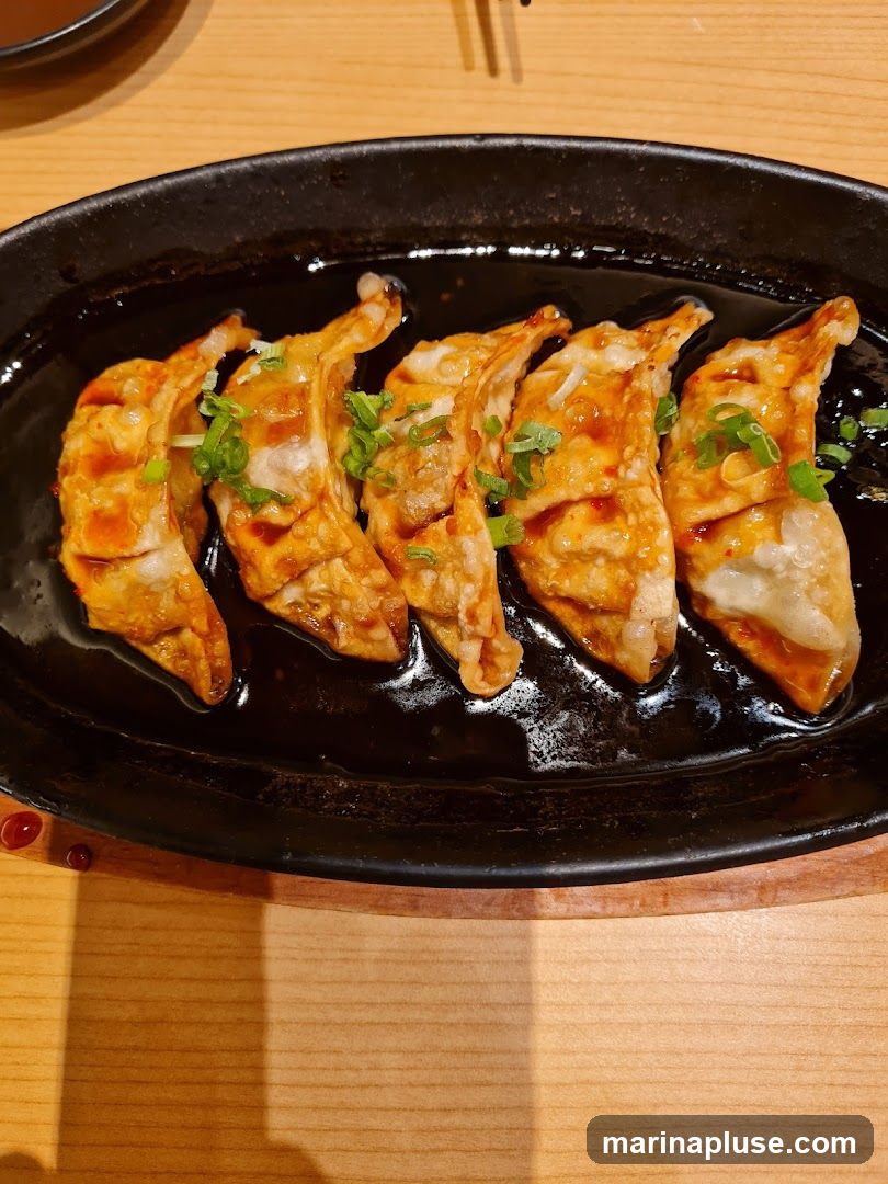 A close-up shot of pan-fried dumplings served in a black oval dish with a dark sauce and garnished with chopped green onions. The dumplings are golden brown and appear crispy on the bottom. The dish is placed on a wooden table.