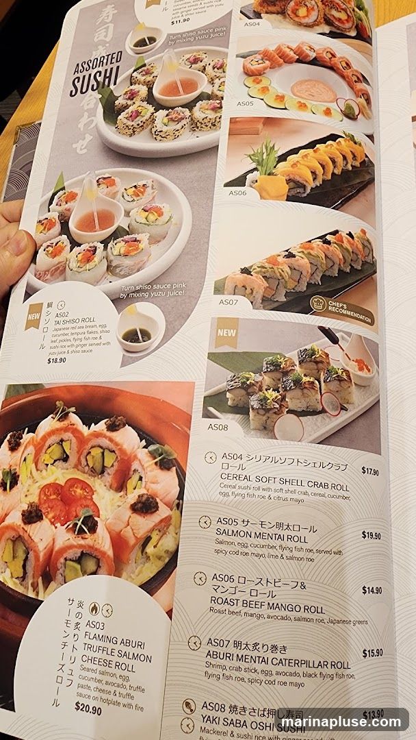 A menu page featuring various sushi rolls with descriptions and prices.