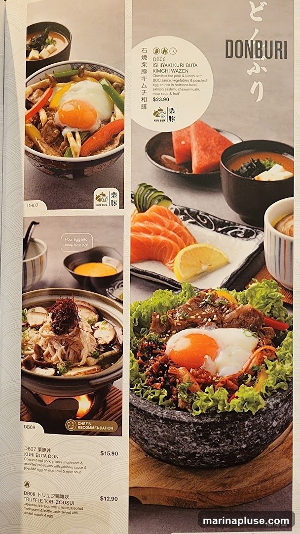 Menu featuring various donburi dishes.
