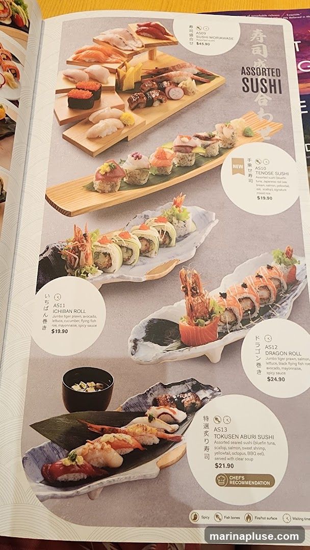 A menu page showcasing various sushi dishes with descriptions and prices.