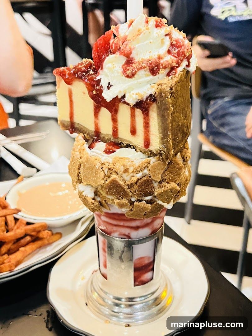 A tall glass filled with a strawberry milkshake is topped with a slice of cheesecake, whipped cream, strawberry sauce, and cookie crumbles. A side of sweet potato fries and a dipping sauce are visible.