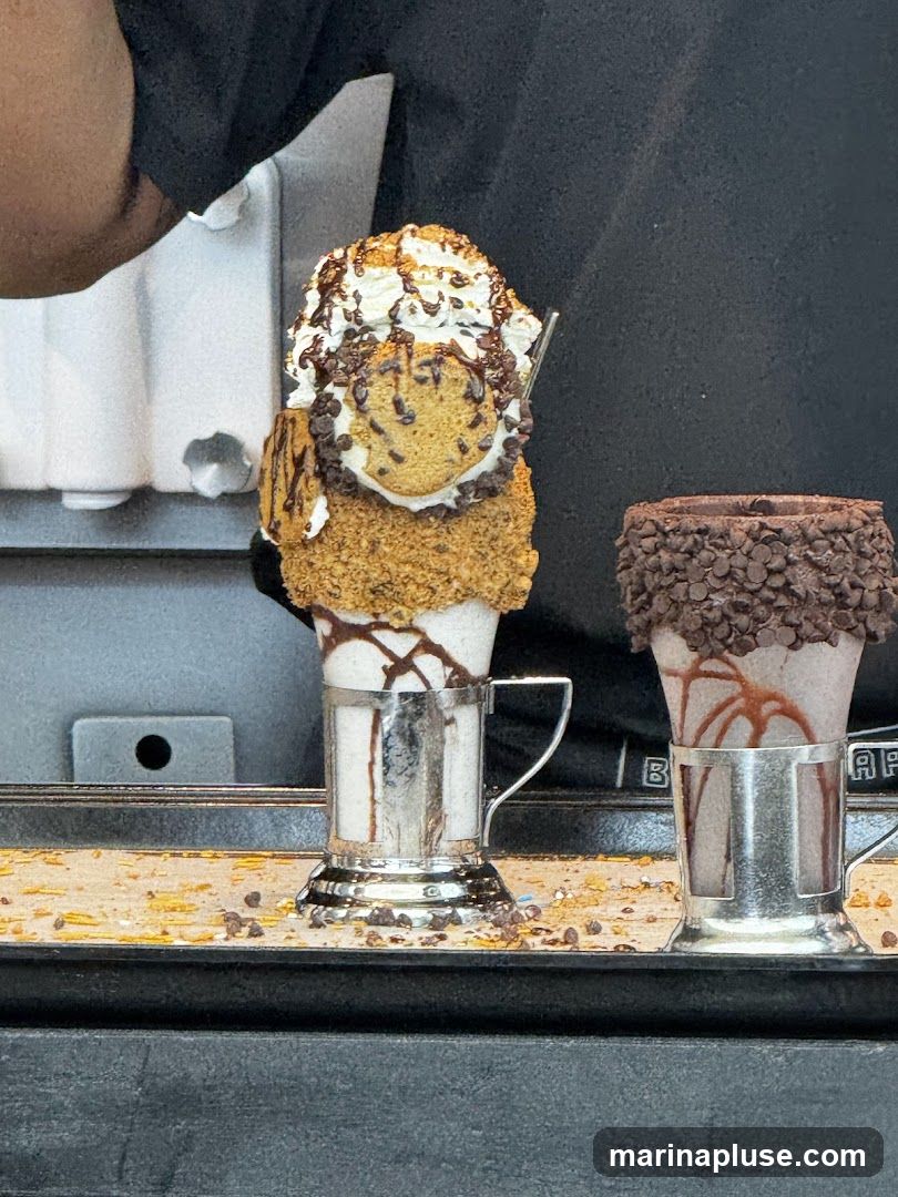Two elaborately decorated milkshakes are displayed. The one on the left is a tall, white milkshake topped with whipped cream, chocolate drizzle, chocolate chip cookies, and cookie crumbles. The milkshake on the right is a darker color, possibly chocolate, with chocolate drizzle and a rim of chocolate chips. Both are served in metallic holders.