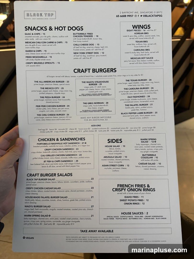 Menu with sections for Snacks & Hot Dogs, Craft Burgers, Chicken & Sandwiches, Craft Burger Salads, Wings, Sides, and French Fries & Crispy Onion Rings.