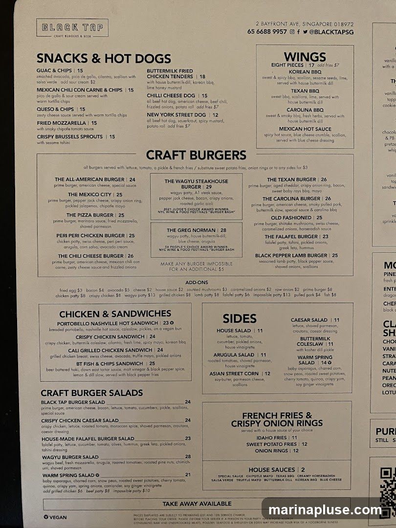 Menu with sections for Snacks & Hot Dogs, Wings, Craft Burgers, Chicken & Sandwiches, Craft Burger Salads, Sides, French Fries & Crispy Onion Rings, and House Sauces.