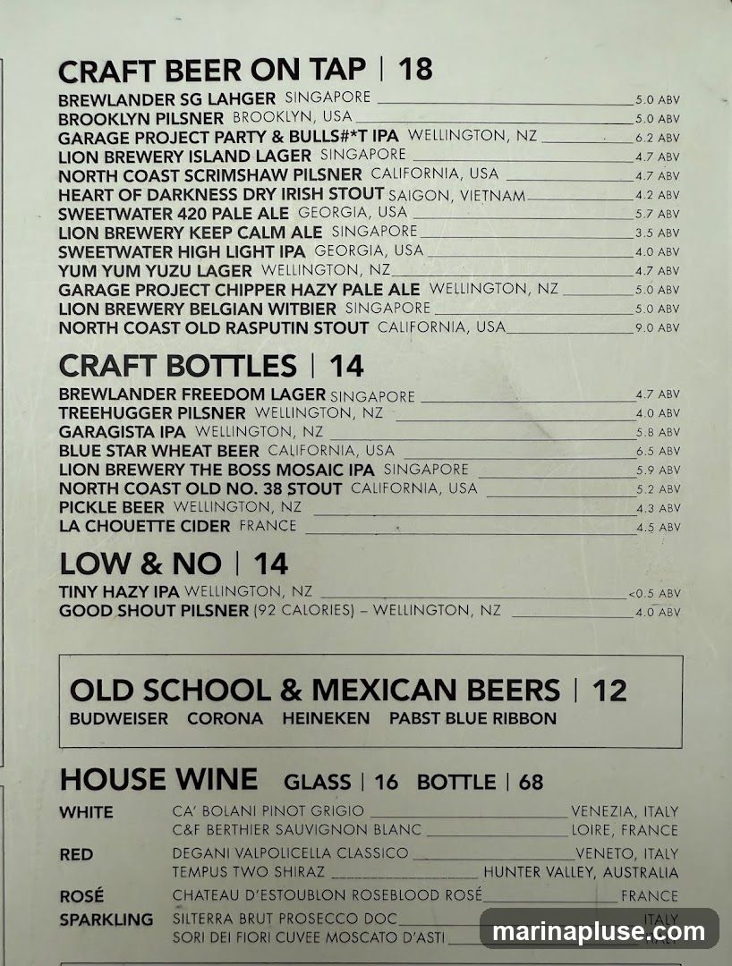 A menu featuring craft beers on tap, craft bottles, low and no alcohol options, old school and Mexican beers, and house wines.