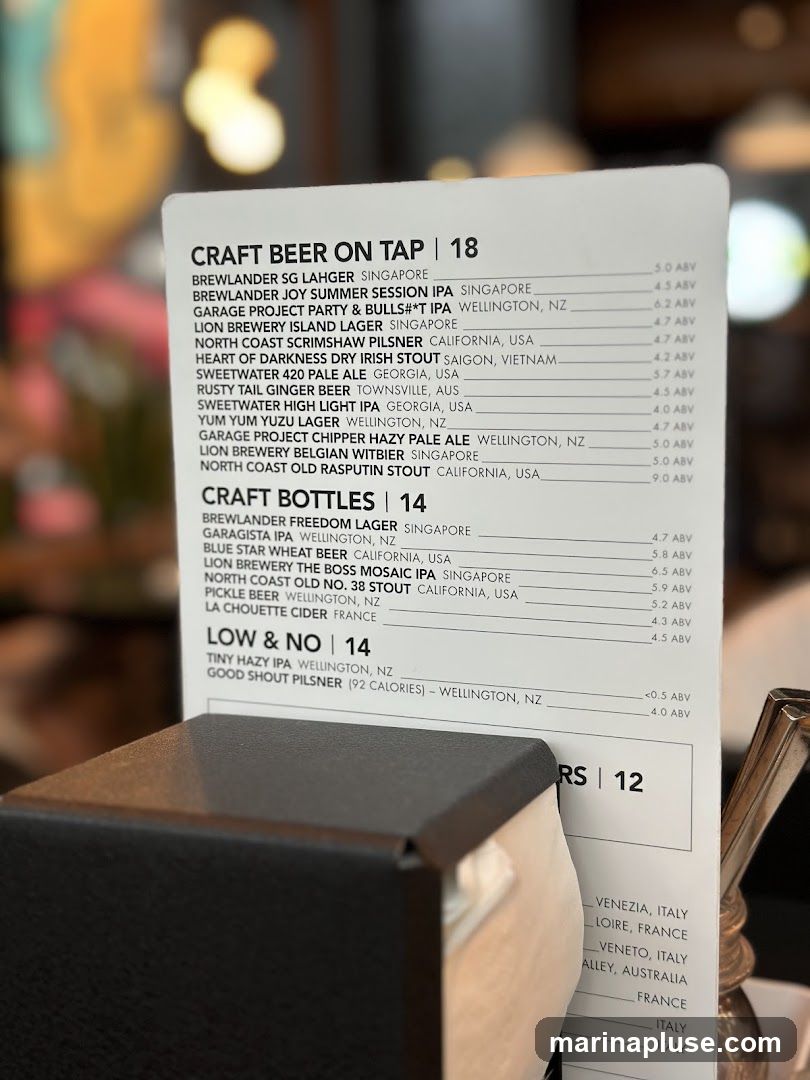 A menu listing craft beers on tap, craft bottles, and low & no alcohol options. It includes beer names, origins, and ABV percentages.