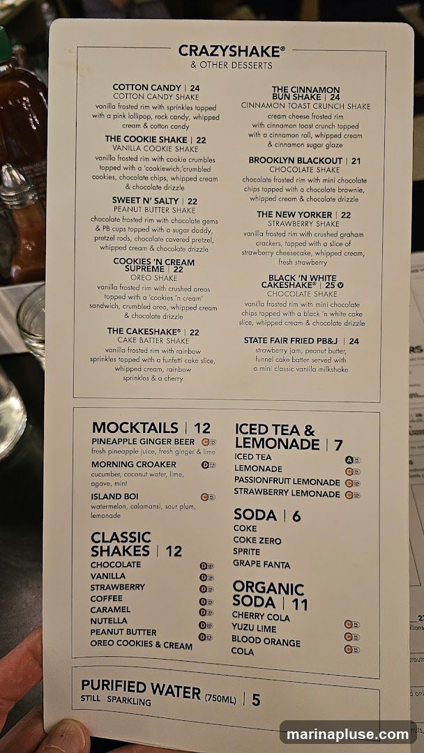 Menu featuring various shakes, mocktails, iced teas, lemonades, sodas, and water.