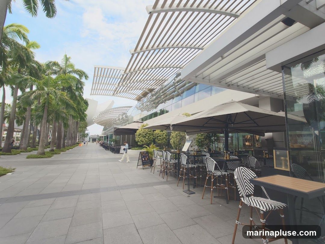 An outdoor seating area for a restaurant or cafe is set up along a paved walkway lined with palm trees. The seating area features tables and chairs with black and white striped upholstery, covered by large beige umbrellas. In the background, the modern architecture of a building with a glass facade is visible, with a row of palm trees leading away from the seating area. A person is walking along the walkway.