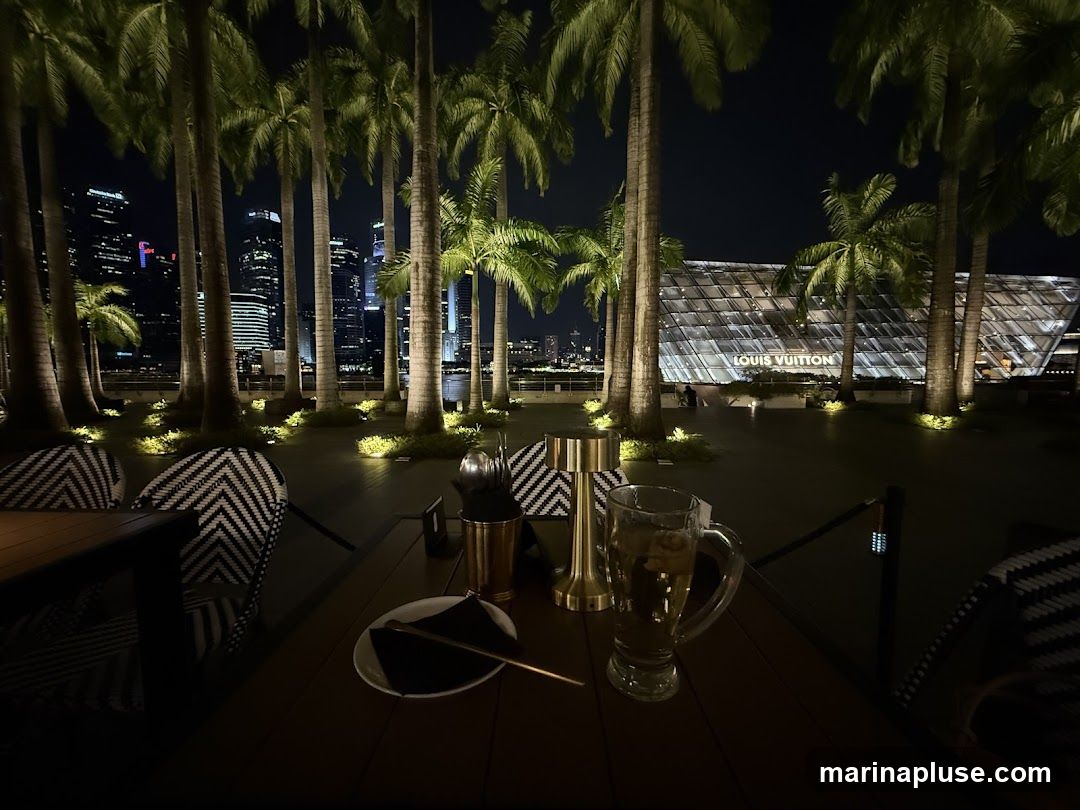A nighttime view from an outdoor dining area, featuring palm trees in the foreground and a cityscape in the background. A glass of beer and a plate with a napkin are on the table. The Louis Vuitton building, with its distinctive geometric facade, is visible in the mid-ground.