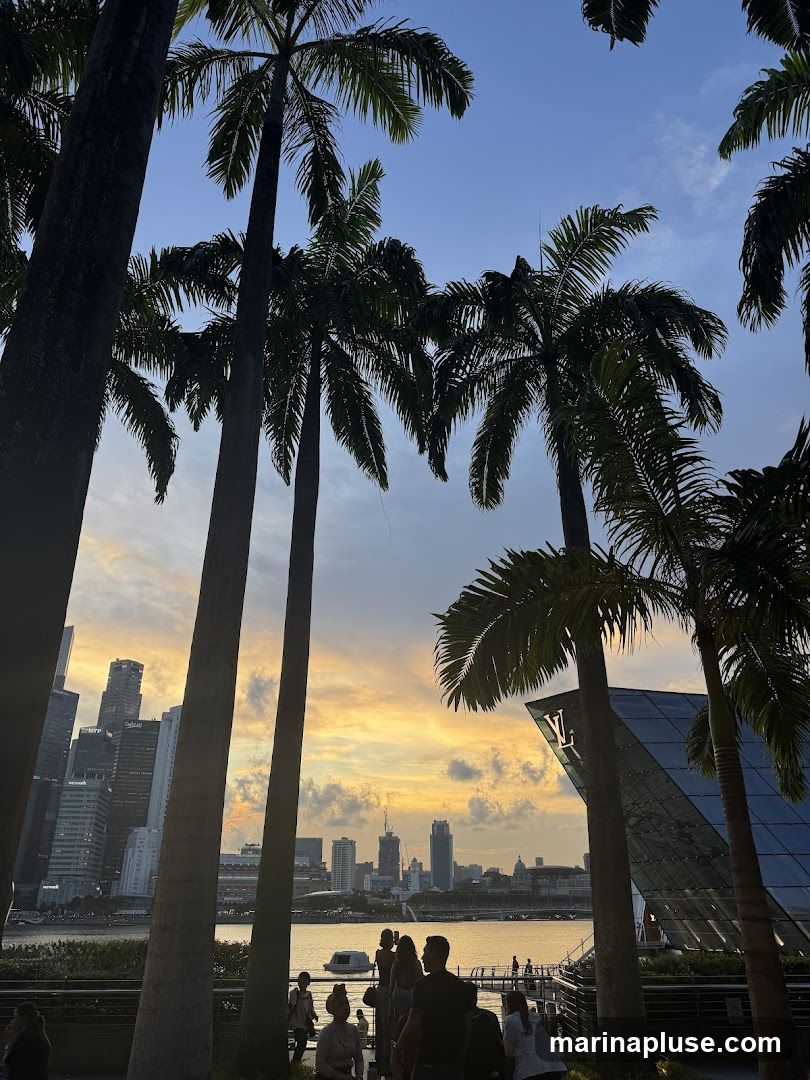 Silhouettes of palm trees frame a view of a city skyline across a body of water during sunset. The sky is filled with warm hues of orange and yellow, with scattered clouds. Several people are visible walking along a waterfront promenade in the foreground. A modern glass building with a prominent logo is visible on the right.