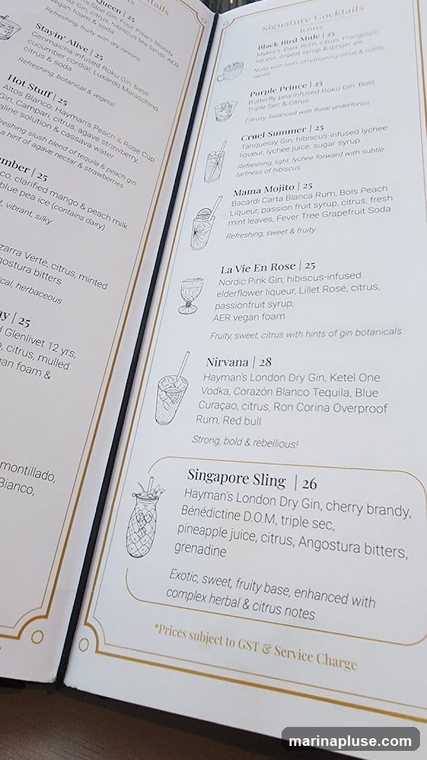 A menu featuring various cocktails with their ingredients and prices.