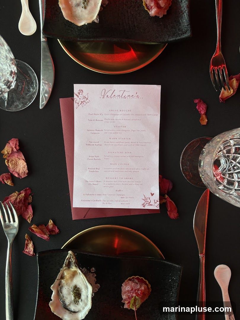 A Valentine's Day menu with several courses and drinks.