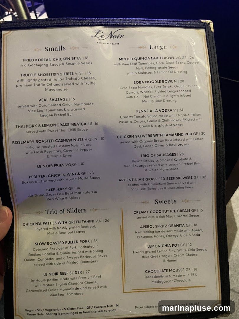 A menu from Le Noir with sections for Smalls, Large, and Sweets.