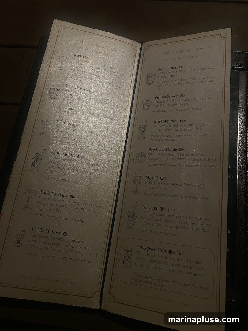 Cocktail menu with descriptions and prices.