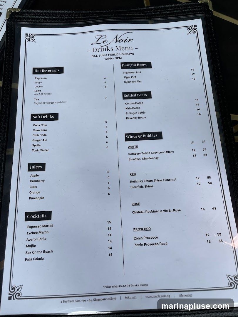 Menu for Sat, Sun & Public Holidays from 12PM - 3PM. Includes Hot Beverages, Soft Drinks, Juices, Cocktails, Draught Beers, Bottled Beers, Wines & Bubbles, and Prosecco. Prices are subject to GST & Service Charge.