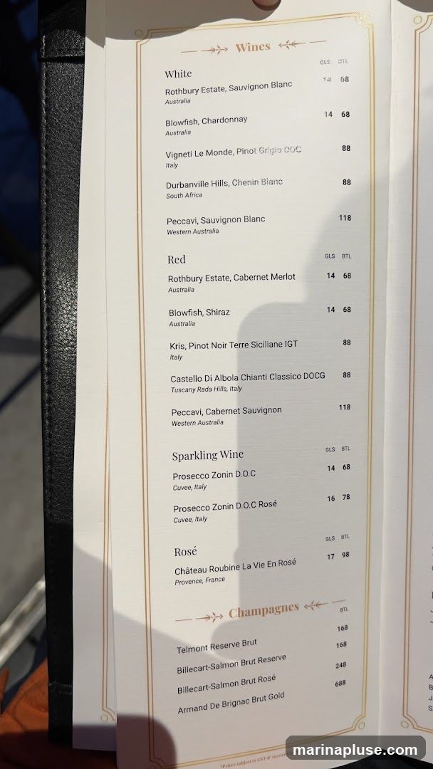 A wine list featuring White, Red, Sparkling Wine, Rosé, and Champagnes.
