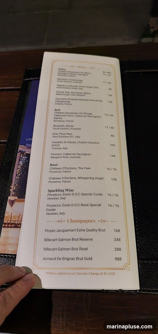 A wine list with sections for White, Red, Rosé, Sparkling Wine, and Champagnes. Prices are listed per glass/bottle where applicable.