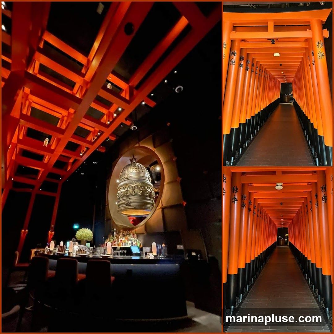 The image is a collage of three photos. The left photo shows the interior of a bar with a curved counter, stools, and bottles of alcohol displayed behind the counter. A large, ornate bell hangs from the ceiling in front of a circular window. The ceiling structure is made of red beams. The two right photos show a long hallway lined with vibrant orange Japanese torii gates. The gates have black bases and are inscribed with Japanese characters. The hallway appears to be an entrance or a passage within a themed establishment.