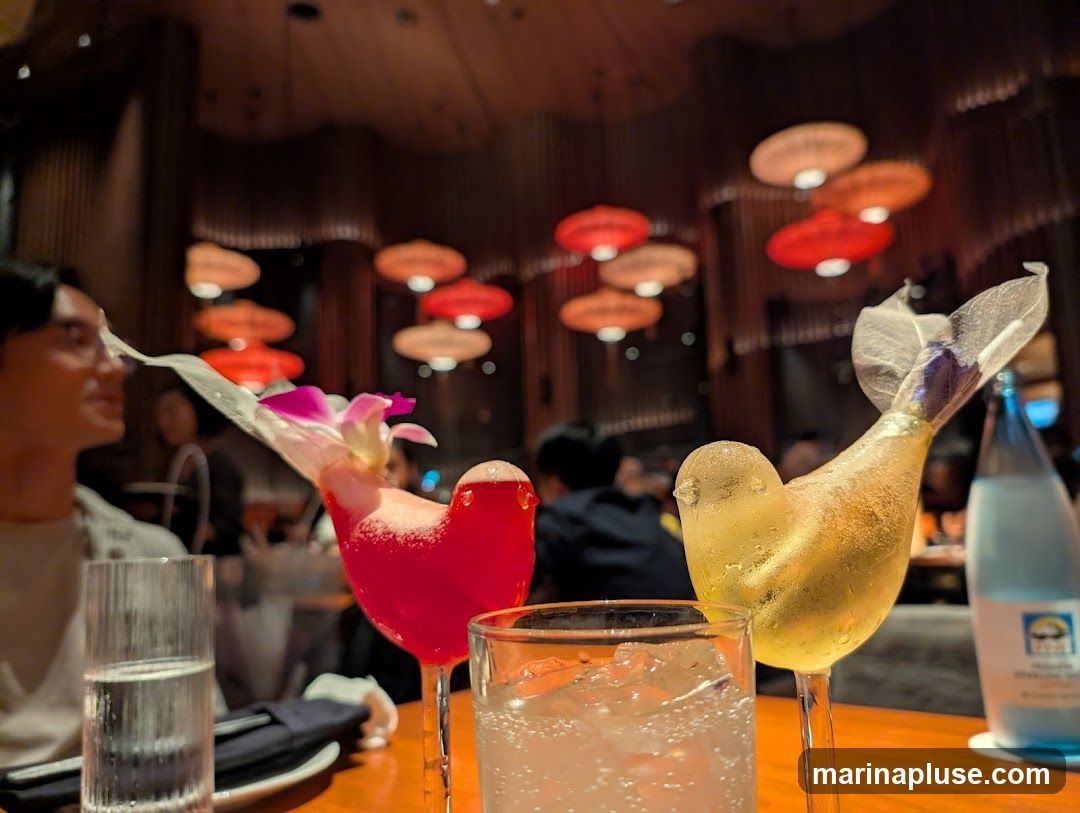 Two creatively presented cocktails are on a table in a dimly lit restaurant. The red cocktail is garnished with a pink orchid and a white leaf, while the yellow cocktail is served in a glass shaped like a bird. In the background, people are seated at tables, and decorative lanterns hang from the ceiling. A bottle of water is also visible on the table.