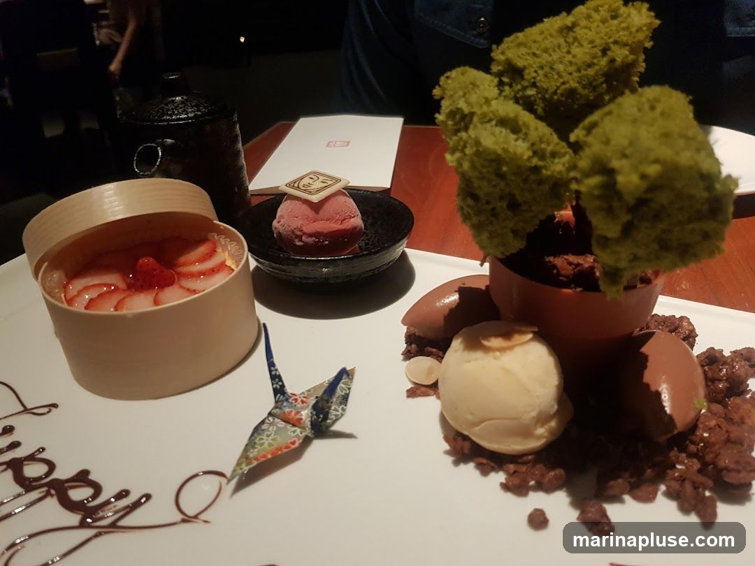 A white plate holds a variety of desserts, including a strawberry tart in a wooden container, a scoop of pink sorbet, and a chocolate dessert with ice cream and green cake pieces resembling foliage. A chocolate drizzle forms the words "Happy Birthday" on the plate, and a small origami crane is placed nearby.