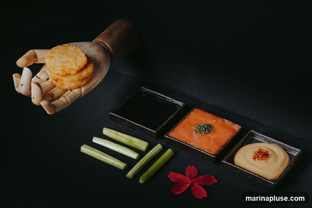 A wooden mannequin hand holds two golden-brown fried patties. In front of the hand are three square dishes containing dark sauce, a slice of salmon topped with herbs, and a creamy dip sprinkled with paprika. Sliced cucumber sticks and a red flower garnish are arranged on a dark surface.