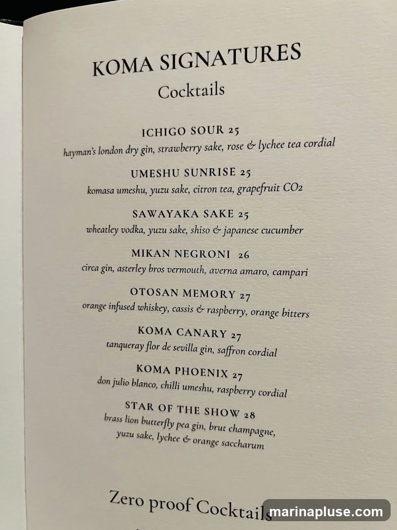 A menu listing signature cocktails with ingredients and prices.
