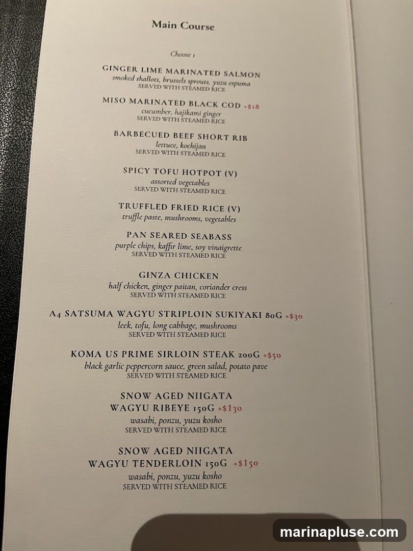 A menu listing main course options, with descriptions and prices.