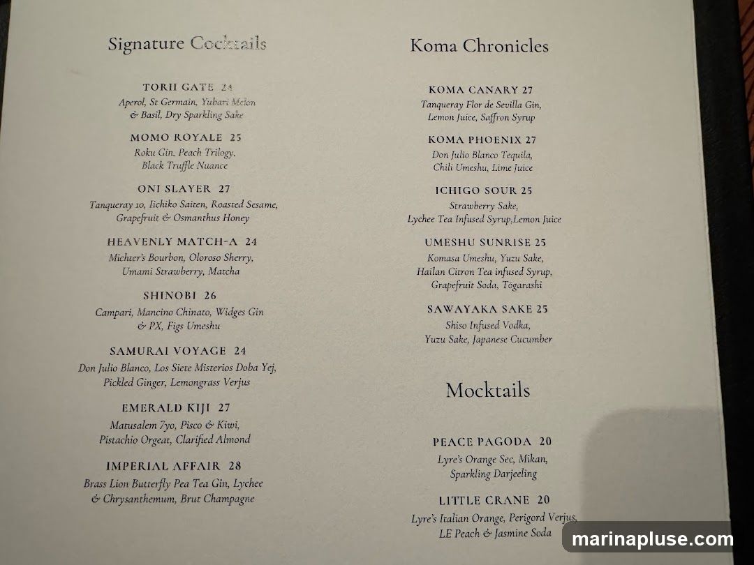 A menu featuring signature cocktails and mocktails.