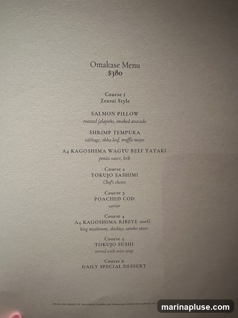 A menu for an Omakase meal priced at $380. It features six courses including Zensai Style, Tokujo Sashimi, Poached Cod, A4 Kagoshima Ribeye, Tokujo Sushi, and a Daily Special Dessert.