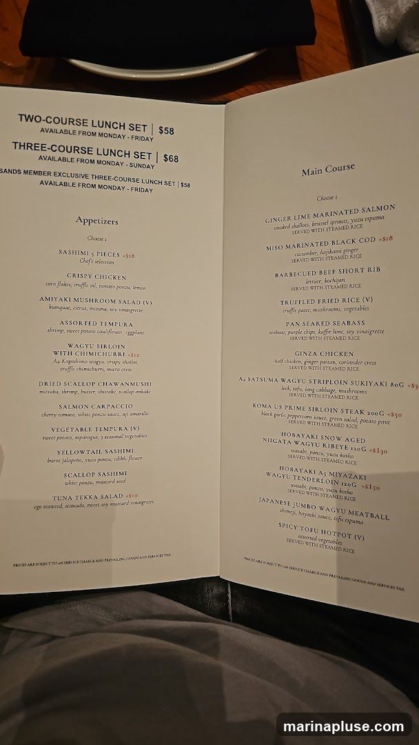 A menu featuring two-course and three-course lunch sets, with appetizers and main courses.