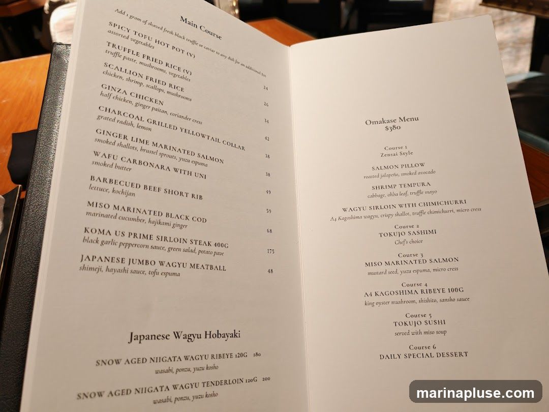 A menu with two columns. The left column lists main courses with descriptions and prices. The right column details an Omakase Menu with six courses.