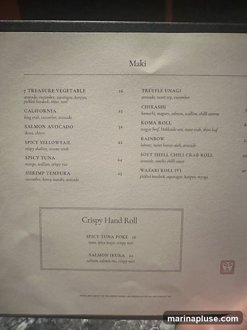 A menu page with Maki rolls and Crispy Hand Rolls.