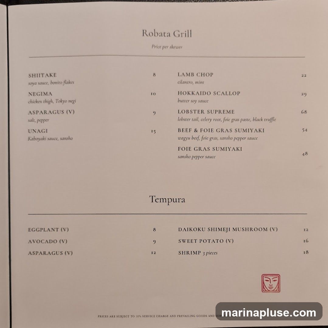 Price per skewer. Includes sections for Robata Grill and Tempura.