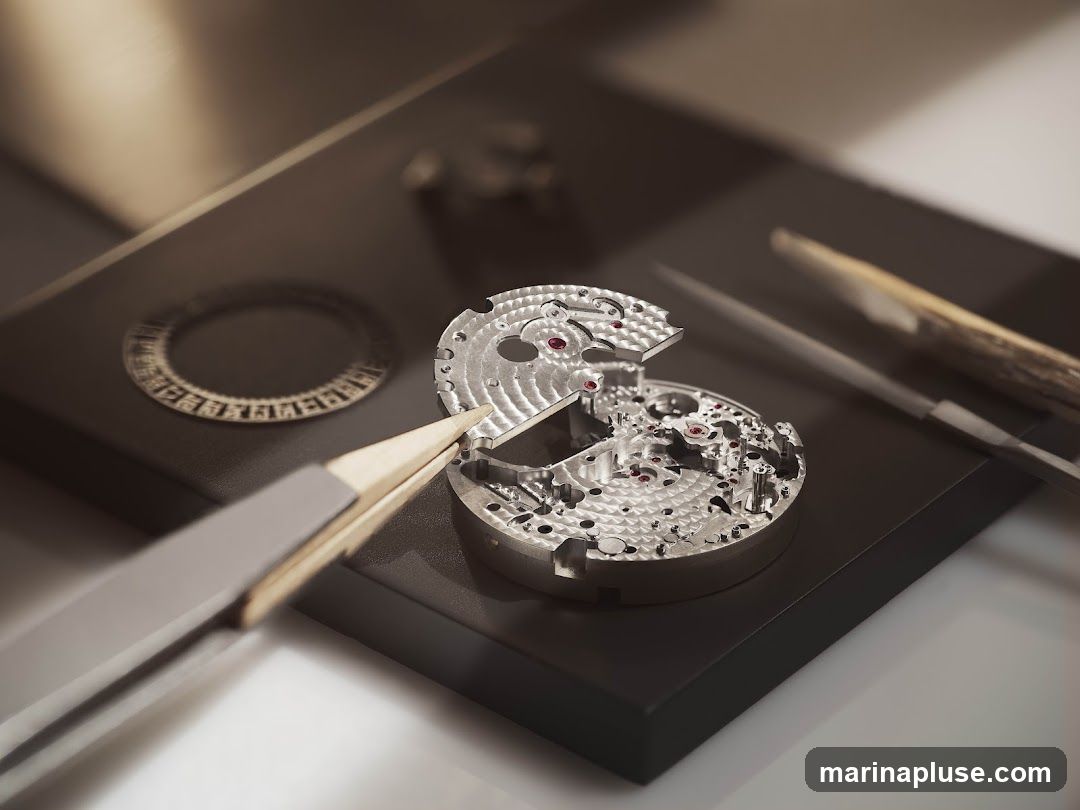 A close-up, shallow depth of field shot shows a watch movement's main plate and a decorative ring, along with watchmaking tools. The intricate metal components, some with small red jewels, are arranged on a dark surface. A pair of tweezers with wooden tips is positioned near the main plate, and a watchmaker's file or similar tool is visible in the background. The lighting creates a dramatic and focused effect on the watch parts.