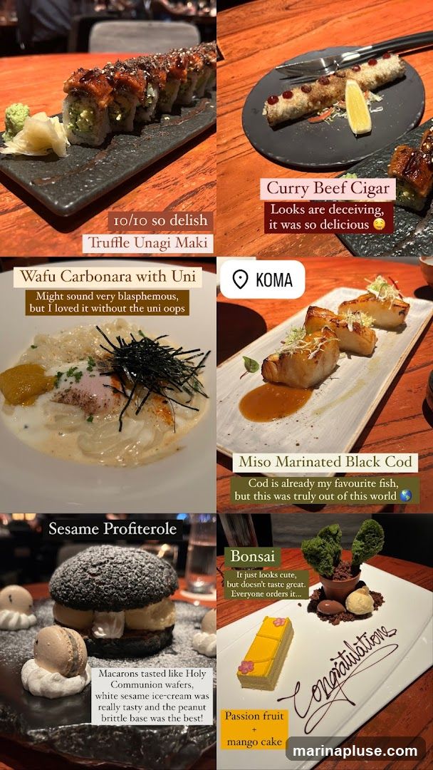 A collage of various dishes, including Truffle Unagi Maki, Wafu Carbonara with Uni, Curry Beef Cigar, Miso Marinated Black Cod, Sesame Profiterole, and Bonsai dessert. The dishes are presented on plates with descriptive text overlays. The location tag 'KOMA' is visible.